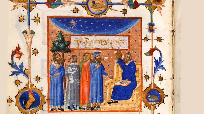 Maimónides (derecha) enseñando a estudiantes: Guía de los perplejos, Barcelona, 1347 o 1348, de Moisés Maimónides.