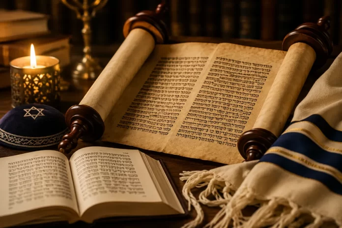 Pergamino con texto hebreo junto a un talit y objetos de oración de la tradición judía