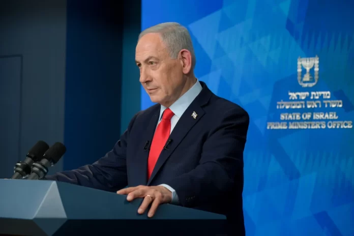 Benjamin Netanyahu durante una conferencia de prensa sobre la reconstrucción y seguridad en Gaza