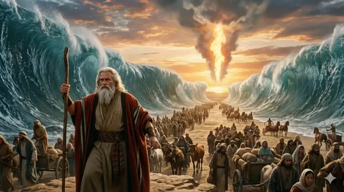 Representación de Moisés conduciendo a los israelitas en la salida de Egipto según el Libro del Éxodo