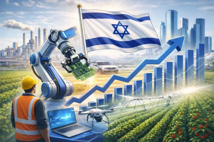 Economía de Israel en crecimiento con tecnología avanzada, agricultura moderna, robot industrial y gráfico ascendente que simboliza aumento del PIB per cápita