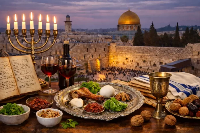 Mesa de Séder de Pésaj con matzá, copa de vino y elementos rituales de la Pascua judía