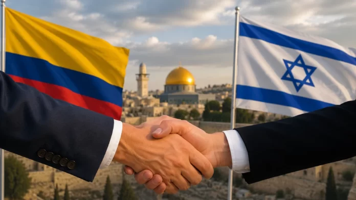 Banderas de Colombia e Israel junto a un apretón de manos diplomático en Jerusalén tras la elección de Abelardo de la Espriella como presidente de Colombia