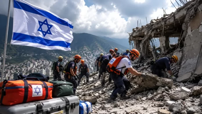 Equipos de rescate israelíes trabajan entre los escombros de edificios dañados tras el terremoto que afectó a Venezuela en junio de 2026.